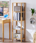 Five Tier Tall Narrow Bookshelf Takes Up Zero Floor Space While Holding All Your Favorites In A Smooth Natural Finish, displaying books and decor.