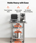 Stainless Steel Commercial Kitchen Work Table 24x30 with Wheels Two Shelf Heavy Duty Built Tough Utility Prep Table for Restaurant Home Hotel Garage Outdoor Use Everyday shown holding appliances and cookware, with load capacity displayed.