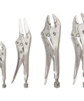 Heavy Duty Locking Pliers Set 4 Piece With Straight Jaw 10 Inch Curved Jaw 5 Inch And 10 Inch And Long Nose 9 Inch Ideal For Metalworking Welding Gripping And Assembly In The Workshop, showing all pliers in a row.