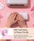 Hands placed on towel with Hema Free Gel Nail Polish Set 9ml Six Pack Light Pink Soak Off LED Gel Polish Kit for DIY manicure.