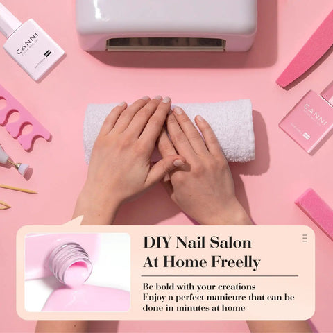 Hands placed on towel with Hema Free Gel Nail Polish Set 9ml Six Pack Light Pink Soak Off LED Gel Polish Kit for DIY manicure.