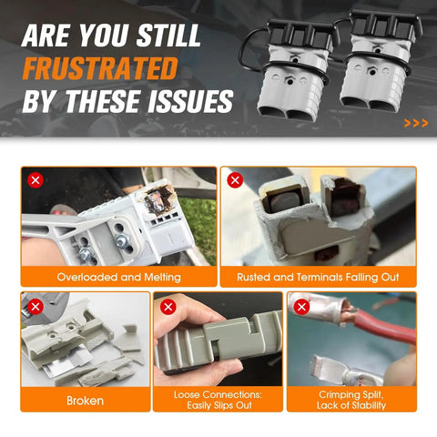 Issues with battery connectors including melting, rust, broken parts, loose connections before using Two Pack Heavy Duty 2/0 Gauge Battery Quick Disconnect Kit For Winch 350A.