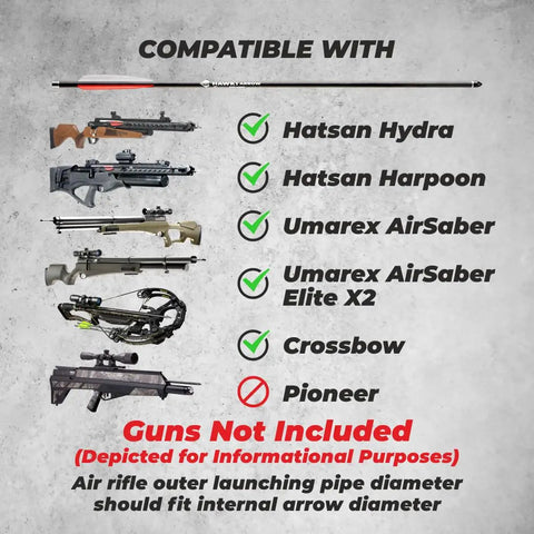 Compatibility list for Carbon Arrow PCP 376gr Six Pack Bolts with various air guns and crossbows. Pioneer not compatible.