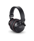 Scarlett 2i2 4th Gen USB-C Audio Interface Recording Bundle With SH-450 closed-back headphones, black and red design, side view
