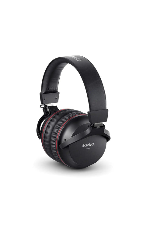 Scarlett 2i2 4th Gen USB-C Audio Interface Recording Bundle With SH-450 closed-back headphones, black and red design, side view