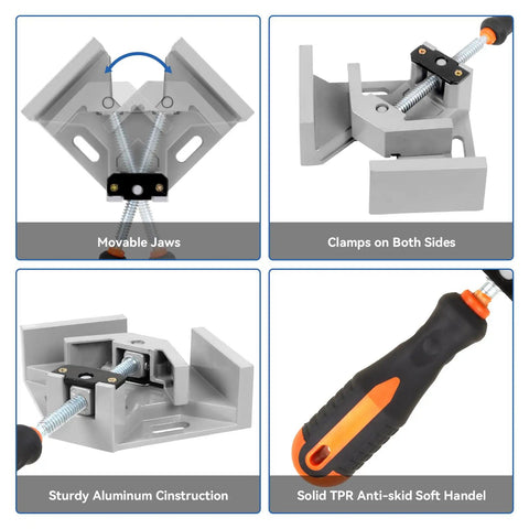 Heavy Duty Corner Clamp 4 Pack 90 Degree Right Angle Clamp with adjustable aluminum alloy swing jaw and single handle, close-up view.