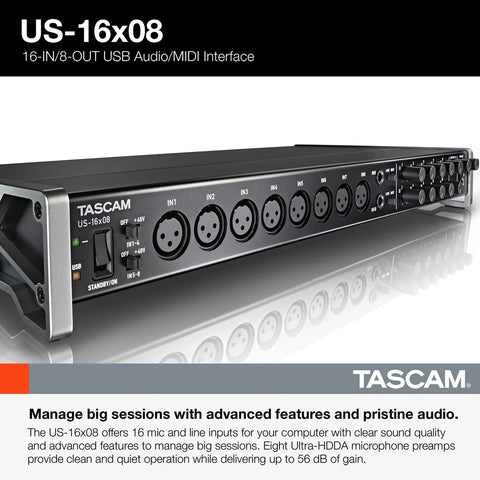 Rackmount USB audio and MIDI interface for recording with 16 mic or line inputs and 8 outputs, eight Ultra HDDA preamps, black