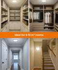 Rechargeable Motion Sensor Ceiling Light With Remote Dimmable LED Lighting For Closet Shower Hallway Stairs Porch Shed Waterproof Battery Powered Lighting Energy Saving Mode Auto On Off 120 Degree Motion Sensor Three To Sixteen Foot Range shown installed in closet, hallway, and on stairs