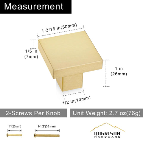 Solid Brass Square Cabinet Knobs In Brushed Gold Finish Five Pack For Kitchen Cabinets Bathroom Vanity Dresser And Closet Doors 1 3 16 Inch Easy Install Modern Hardware
