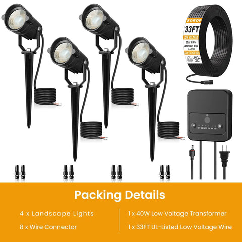 Image of Low Voltage Landscape Lighting Kit Plug And Play With Dusk To Dawn Transformer, 4-pack LED spotlights and 33-foot wire.