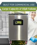 Heavy Hitter Chamber Vacuum Sealer With Rock Solid 1.5 Hp Rotary Oil Pump Built Tough For Commercial Chefs Keeps Food Fresh Five Times Longer Zero Downtime Design, large stainless steel sealer in kitchen environment.