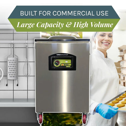 Heavy Hitter Chamber Vacuum Sealer With Rock Solid 1.5 Hp Rotary Oil Pump Built Tough For Commercial Chefs Keeps Food Fresh Five Times Longer Zero Downtime Design, large stainless steel sealer in kitchen environment.