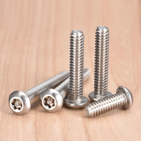 Top Notch 25 Piece Set Of Size 6-32 X One Inch Torx Security Machine Screws Built With Hella Tough 304 Stainless Steel Button Head Bolts on wooden surface.
