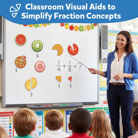 Teacher using Hands On Magnetic Fraction Tiles And Circles Set with Bars for Montessori Math Manipulatives on whiteboard in classroom.