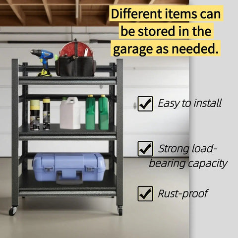 Heavy Duty 3 Tier Garage Shelving Unit With Wheels, Adjustable Metal Storage Racks For Garage, Workshop, Kitchen Or Warehouse, Easy To Assemble, Built To Last Carbon Steel, 60cm By 40cm By 80cm, Tool And Equipment Organizer