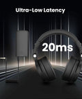 Ultra Low Latency Wireless DJ Headphones With 20ms Lag, 120 Hour Battery, Hi Res LDAC Audio, dongle and cable on dark background