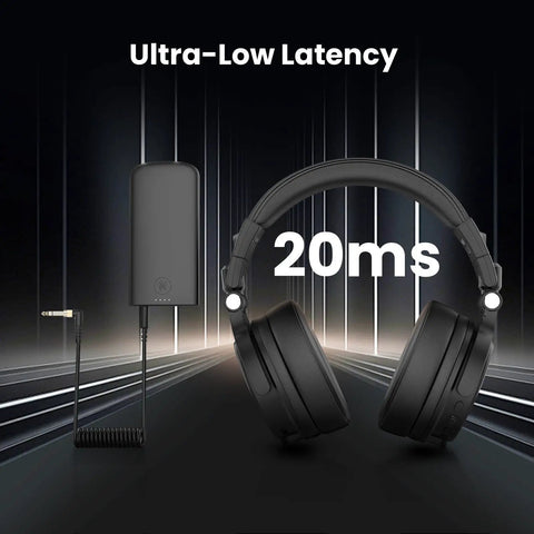Ultra Low Latency Wireless DJ Headphones With 20ms Lag, 120 Hour Battery, Hi Res LDAC Audio, dongle and cable on dark background