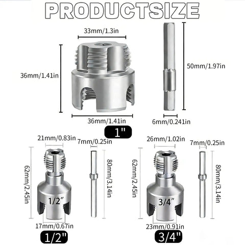 Pro 3 Piece Pvc Pipe Threader Kit For 1/2, 3/4 And 1 Inch Pvc Plastic Pipes showing size dimensions and steel cutter details.