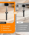 Comparison of MossGrip and other screws in wood; MossGrip shows no cracks, labeled as drives in quickly and anti-cracking.