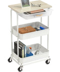 3 Tier Rolling Utility Cart With Drawer And Wood Tabletop Maple Finish Slick Mobile Side Table And Nightstand Slim Storage Trolley With Easy Roll Casters
