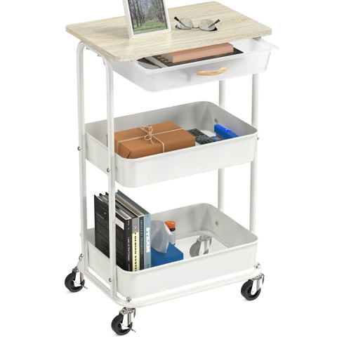 3 Tier Rolling Utility Cart With Drawer And Wood Tabletop Maple Finish Slick Mobile Side Table And Nightstand Slim Storage Trolley With Easy Roll Casters