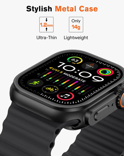 amBand metal protective bumper for Apple Watch 46mm, black with back cover, front view