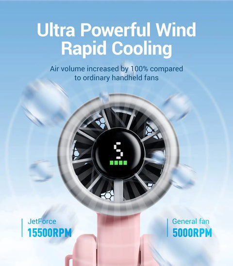 Close-up of Portable Handheld Turbo Fan With 5 Gear Wind displaying high RPM compared to a general fan.