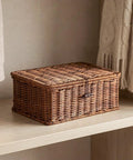 Three Piece Rectangular Woven Storage Bins With Lids Feature Slick Plastic Rattan Construction To Keep Your Home Tidy And Knocking Out Daily Clutter With Zero Hassle Prime Pick For Any Home Or Office on a shelf