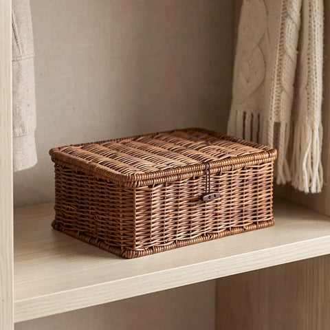 Three Piece Rectangular Woven Storage Bins With Lids Feature Slick Plastic Rattan Construction To Keep Your Home Tidy And Knocking Out Daily Clutter With Zero Hassle Prime Pick For Any Home Or Office on a shelf