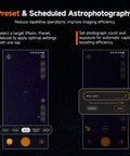 WiFi Telescope Camera With 30 Second Exposure IMX662 Sensor 2.1MP showing preset scheduling screen for astrophotography