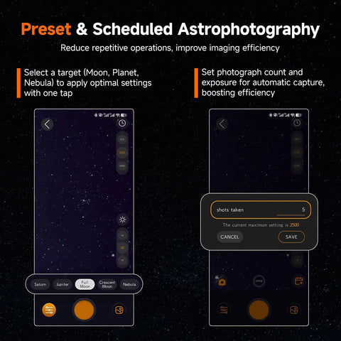 WiFi Telescope Camera With 30 Second Exposure IMX662 Sensor 2.1MP showing preset scheduling screen for astrophotography