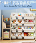 Kiddo Friendly Toy Storage Organizer With Bookshelf, Three Shelves And Twelve Bins, White Pine Wood Toy Cabinet In Nursery