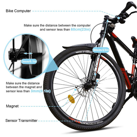 Wireless Bike Computer For Road And Mountain Bikes With A 2.9 Inch LCD Backlit Screen setup guide showing sensor distances