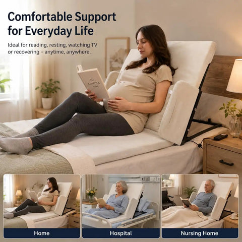 Adjustable Electric Bed Backrest For Elderly And Pregnancy Relief, 330 Lbs Weight Limit, Machine Washable Beige Shell in use for reading.