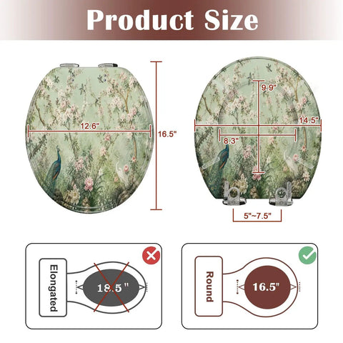 Round Peacock White Heron Blooming Garden Cherry Blossoms Toilet Seat size measurement diagram, showing dimensions and round shape.