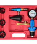 Vacuum Coolant Refiller Pro Grade Kit in red case with blue manifold, pressure gauge, hoses, and four size adapters for automotive cooling system