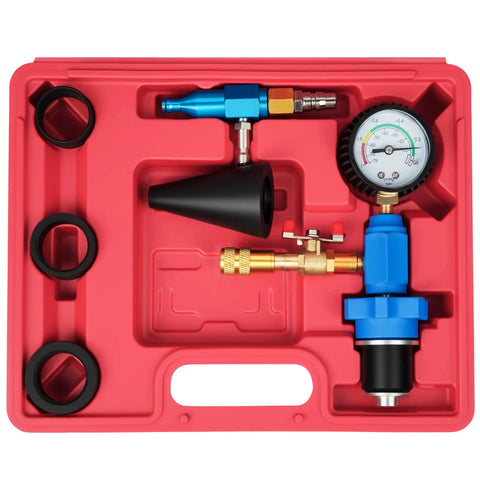 Vacuum Coolant Refiller Pro Grade Kit in red case with blue manifold, pressure gauge, hoses, and four size adapters for automotive cooling system
