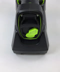 Hardcore Rugged Cordless Barcode Scanner Kit Built For The Grind With Direct Part Marking And Bluetooth 2D 1D Imager Includes Charging Cradle top view of charging base.