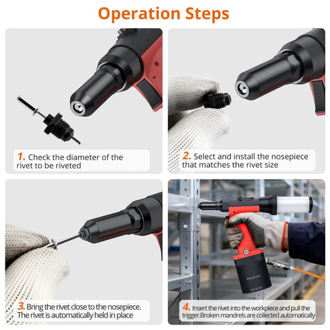 Operation steps for Professional Pneumatic Rivet Nut Gun Featuring Automatic Self Suction Loading And Four Quick Swap Nosepieces.