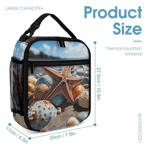 Colorful Starfish Beach Lunch Box Insulated Tote With Side Pocket, thermal insulation, detachable handle shown in size view