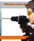 Close-up of person using drill with Five Percent Cobalt M35 Drill Bit Set For Tough Metals, Fifteen Piece Metric Range 1.5 To 10 Mm.