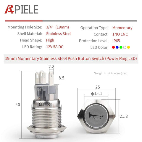 Diagram of 12V Momentary Horn Push Button Switch With 19mm Mounting Hole Three Quarters Inch SPDT 1NO 1NC Socket