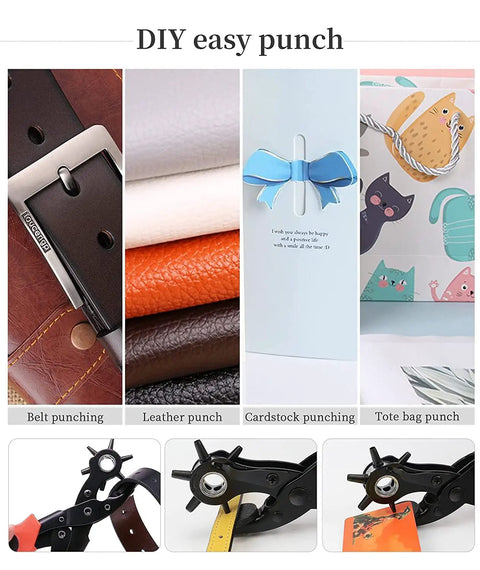 Rotating Leather Hole Punch Kit With Six Diameters From 2Mm To 4.5Mm For Belts, Watches, And Handbags displayed with punch options