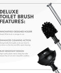 Heavy Duty Toilet Brush And Plunger Combo With Killer Suction And Sturdy Bristles For No Sweat Clog Removal Plus Straight Up Bathroom Deep Cleaning Freshness In Black next to features list.