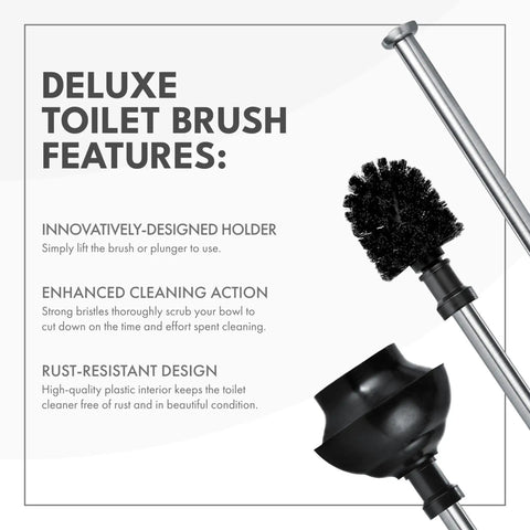 Heavy Duty Toilet Brush And Plunger Combo With Killer Suction And Sturdy Bristles For No Sweat Clog Removal Plus Straight Up Bathroom Deep Cleaning Freshness In Black next to features list.