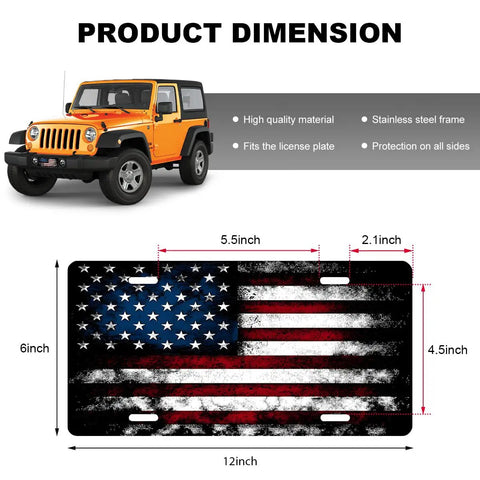 Vintage Americana Flag License Plate Cover For Front Car Decor With Distressed Retro Look And USA Flag Vibe, 12x6 inches