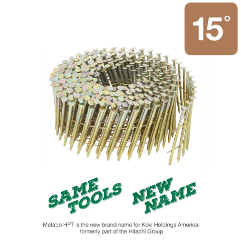 Coiled 15-degree nails with round heads, showcasing the design suitable for various construction applications.