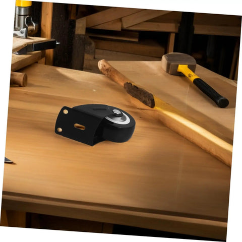 Built Tough Heavy Duty Sliding Door Wheels Featuring Whisper Quiet Rollers For Barn Door Hardware on a workbench.