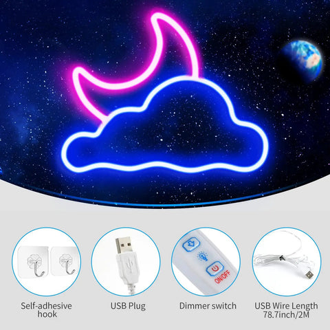 Cloud And Moon LED Neon Sign For Wall Decor USB Powered Neon Light With Adjustable Brightness Perfect Bedroom Kids Room Wedding Party Decor Soft Romantic Glow That Elevates Any Space With Modern Fairy Tale Charm, showing neon light design with USB plug and dimmer switch on a celestial background.