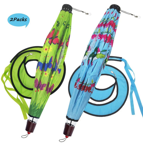 Two Pack Hot Air Balloon Wind Spinners For Outdoor Hanging Garden Decor folded, featuring hummingbird and butterfly design.